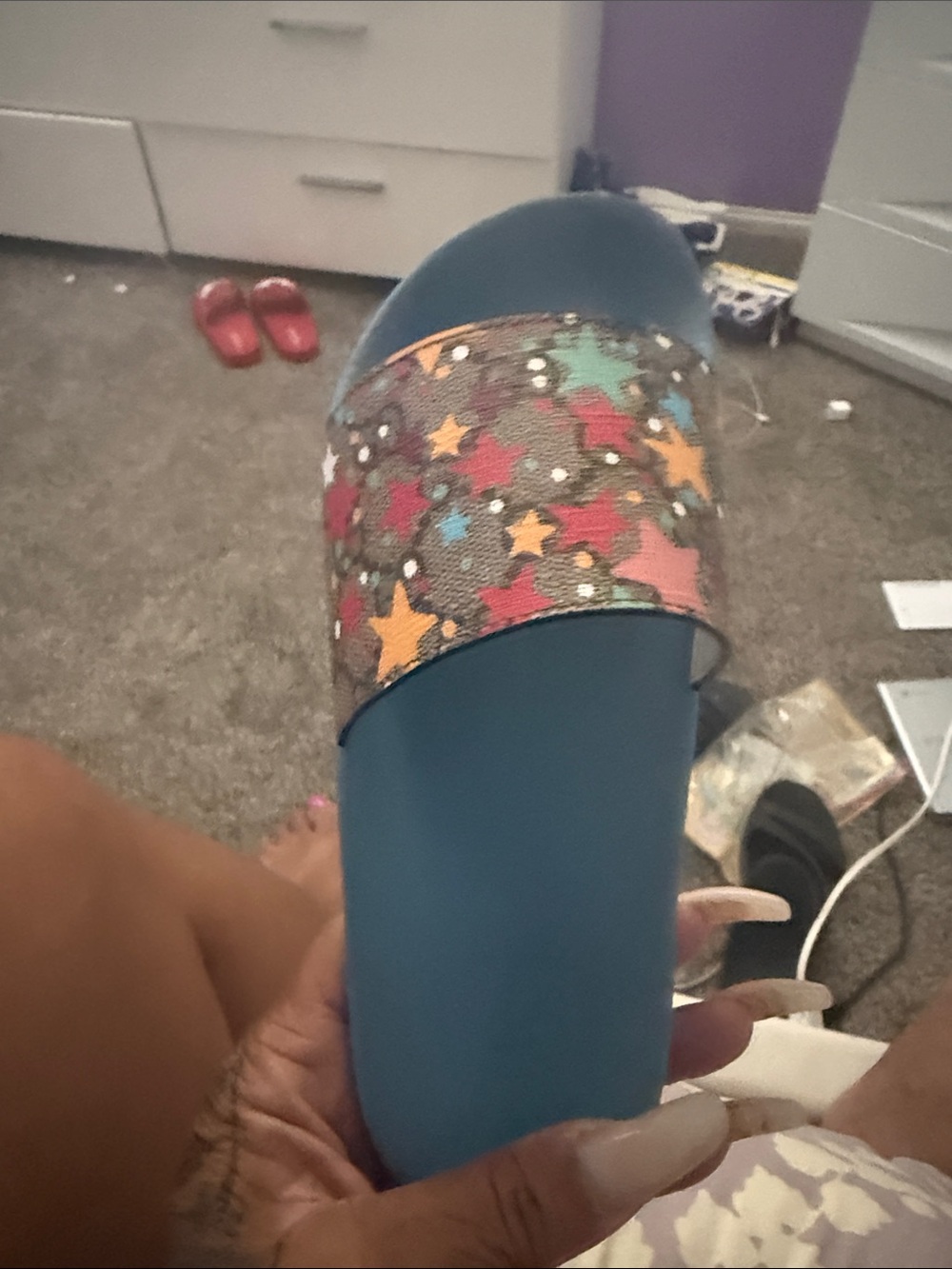 Gucci Blue Slide Sandal with Multicolor Star Strap
